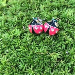 Betsey Johnson Red Green Eye Ladybug Stud Earrings